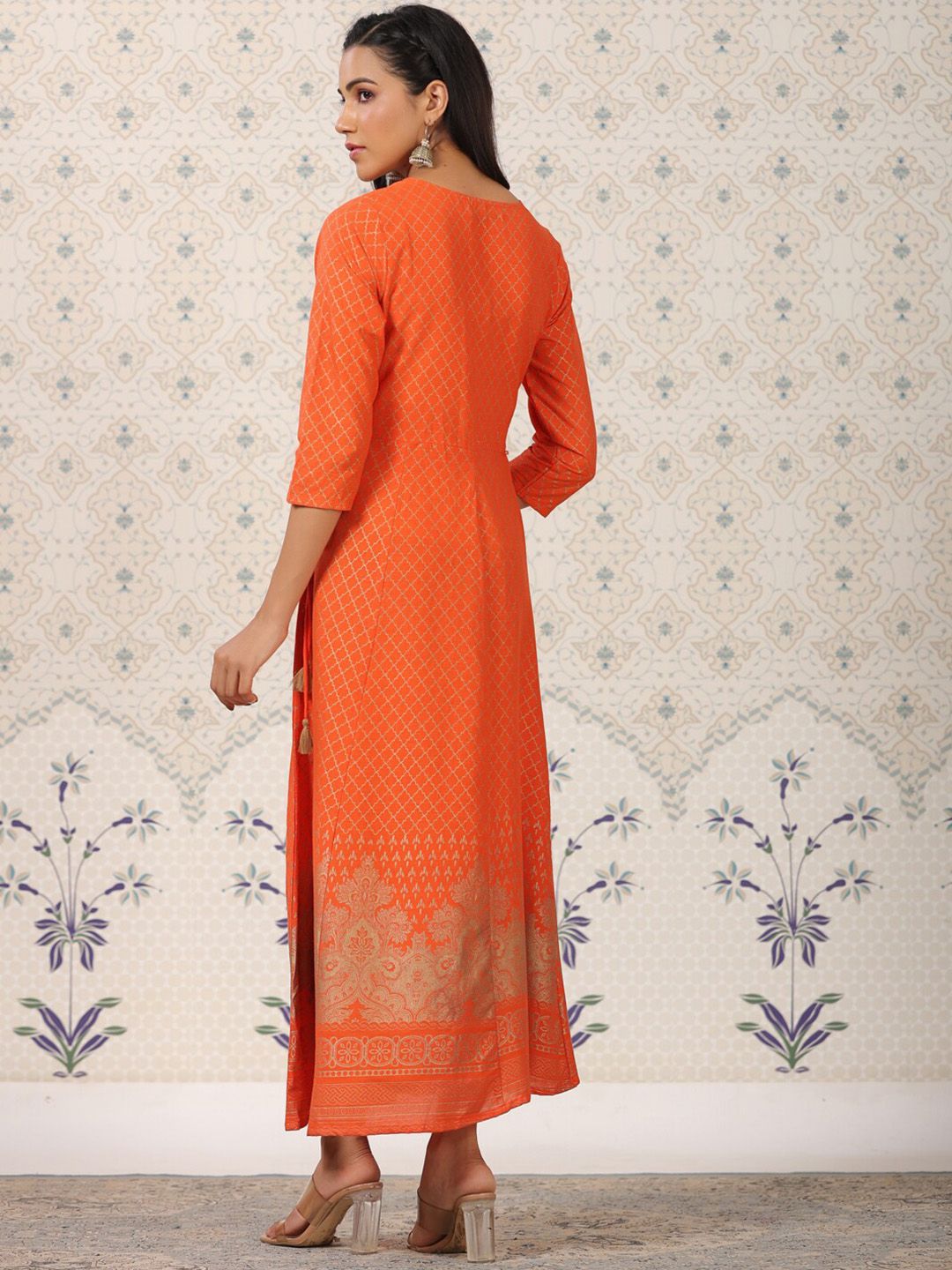 Dhiyona OD  Orange Coloured Ethnic Motifs Woven Design Anarkali Kurta