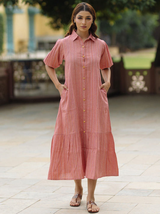 Dhiyona AY Women's Puff Sleeve A-Line Cotton Midi Dress
