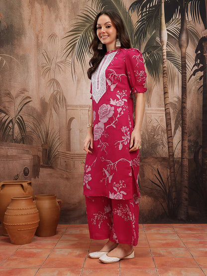 Women Floral Printed Regular Thread Work Kurta with Trousers