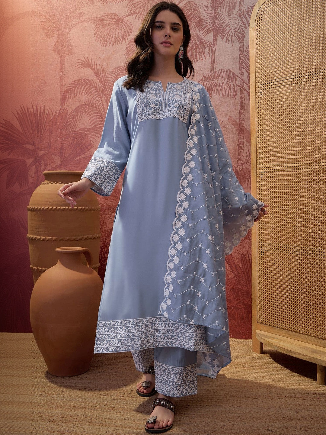 Embroidered V-Neck Kurta Trousers & Dupatta