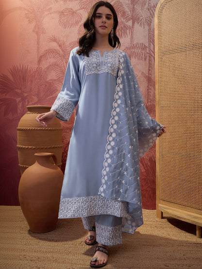 Embroidered V-Neck Kurta Trousers & Dupatta