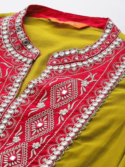 Mirror Work Embroidered Pleated Work Kurta with Trousers