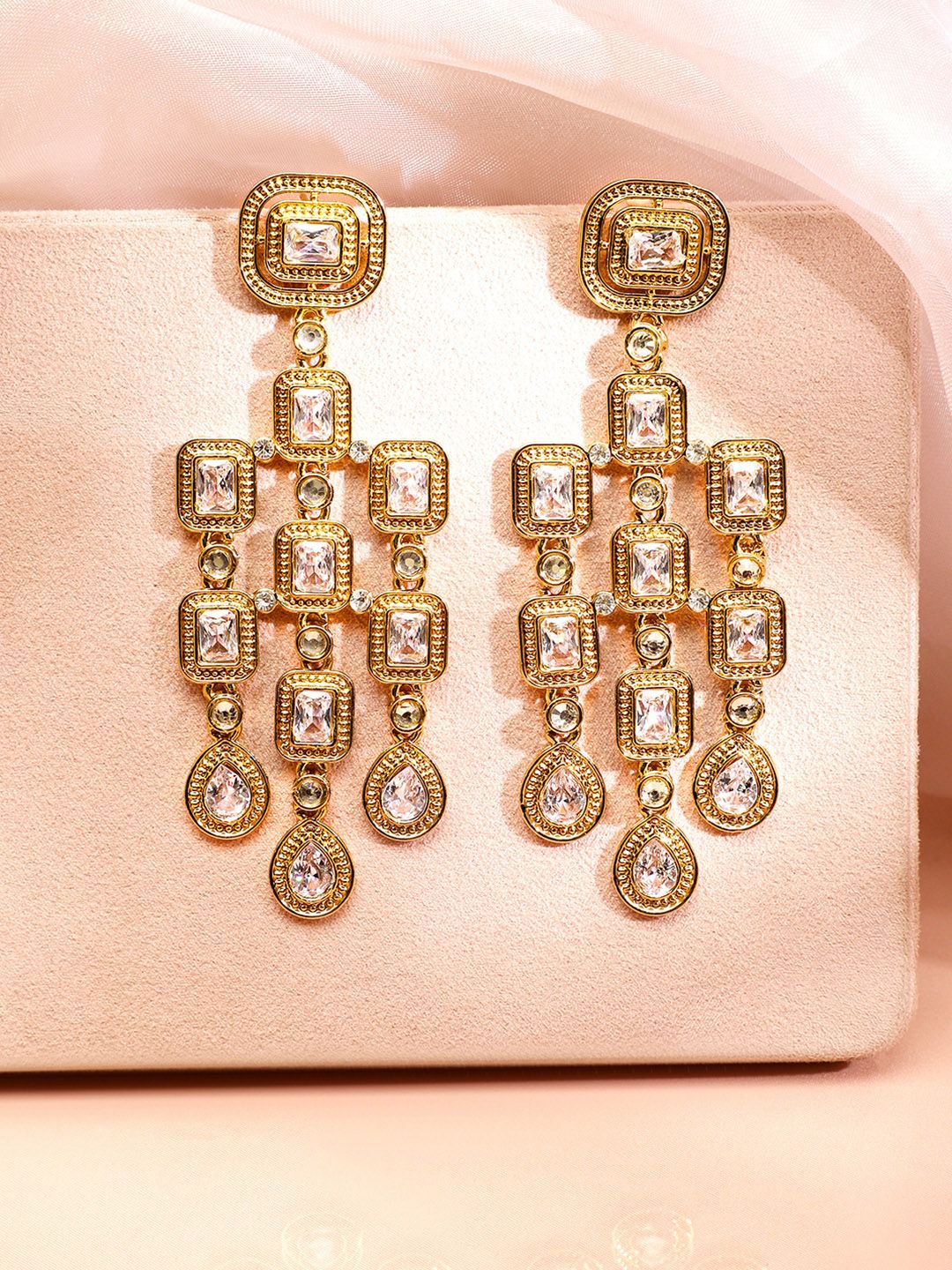 Dhiyona RJ Women's 22K Gold Plated Zirconia Studded Antique Light Gold-Tone Premium Chandelier Earring