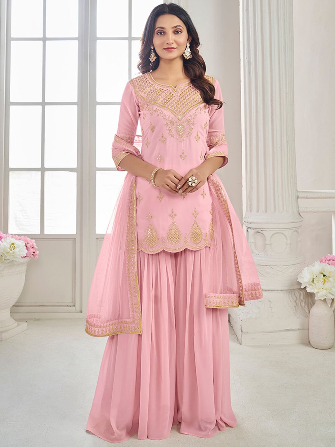 Dhiyona IN Ethnic Motifs Embroidered Regular Thread Work Kurti With Sharara & Dupatta