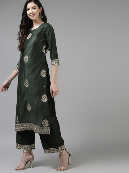 Women Green & Golden Ethnic Motifs Embroidered Kurta with Palazzos & With Dupatta