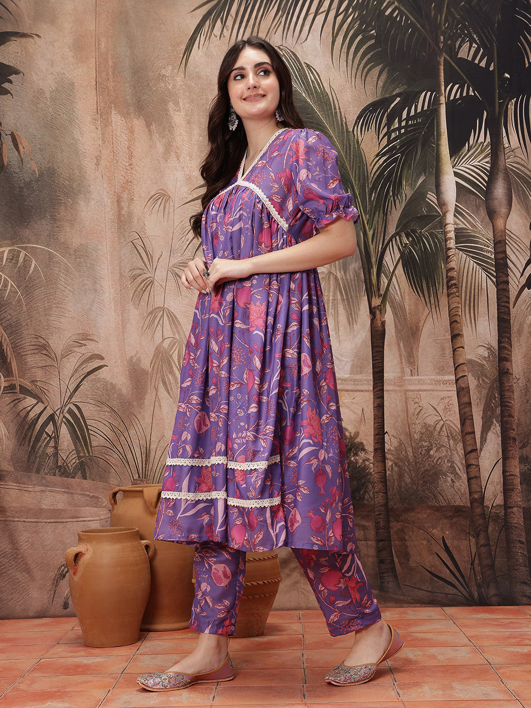 Floral Print Crochet Detail Kurta with Trousers