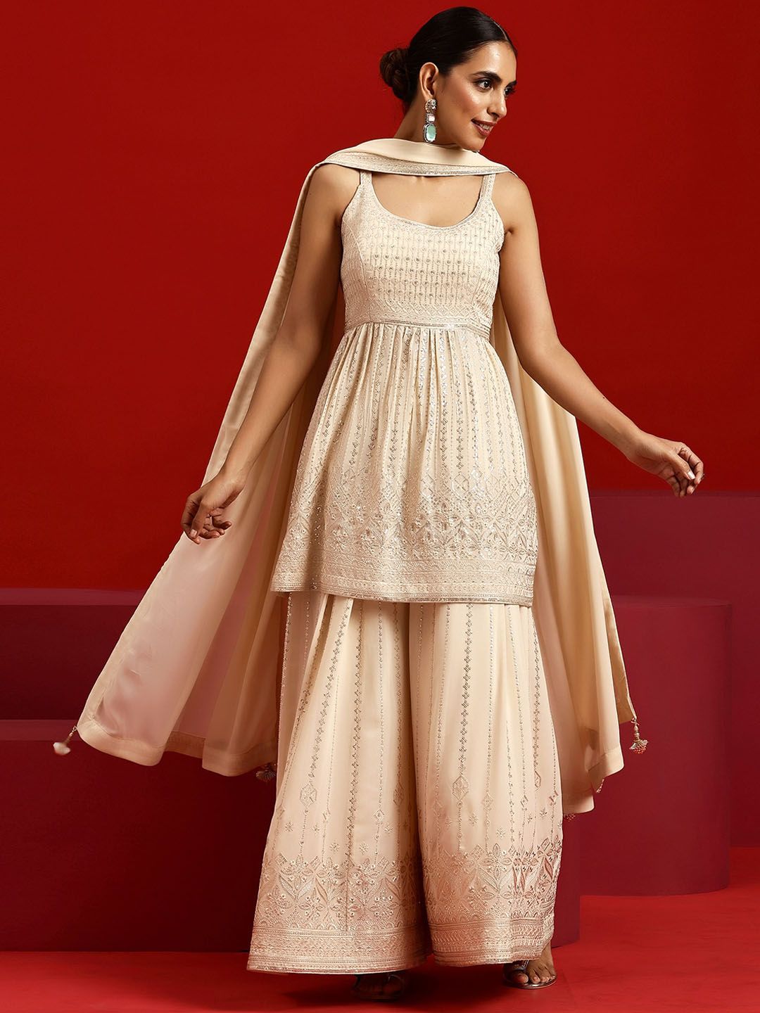 Dhiyona LL Ethnic Motifs Embroidered Sequinned Kurta with Palazzos & Dupatta