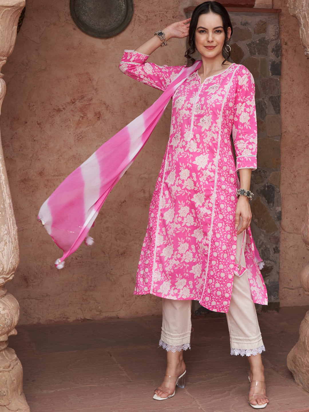 Dhiyona SN Floral Printed Pure-Cotton Kurta With Trouser & Dupatta