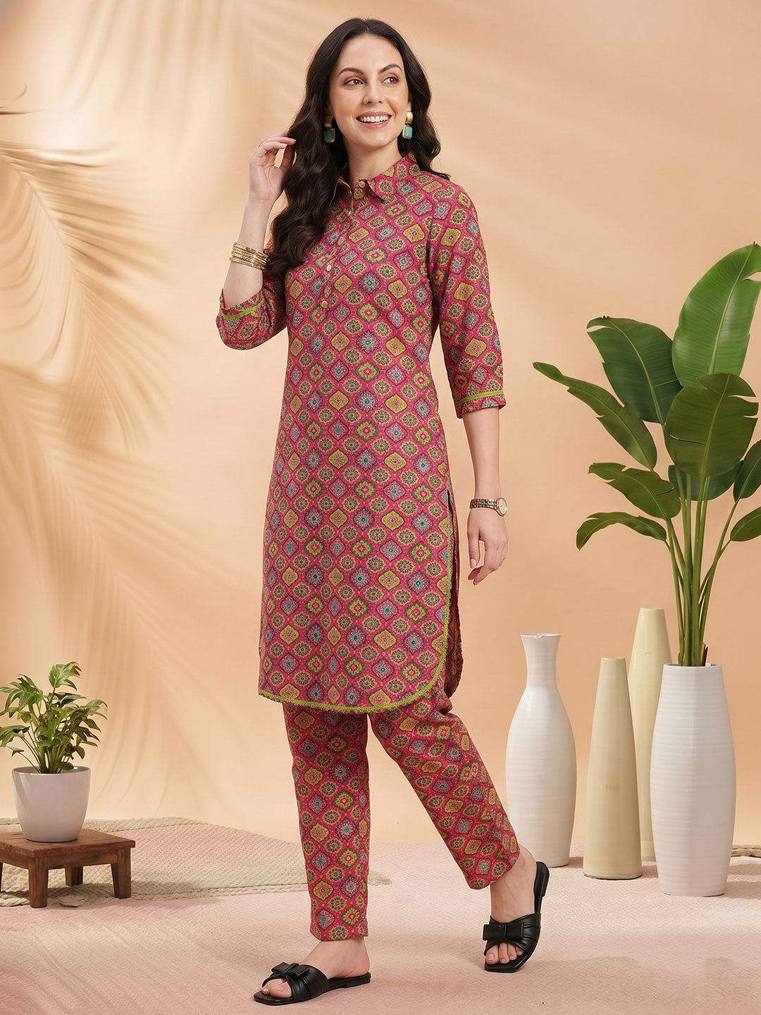 Indie Floral Print Pure Cotton Kurta with Trousers