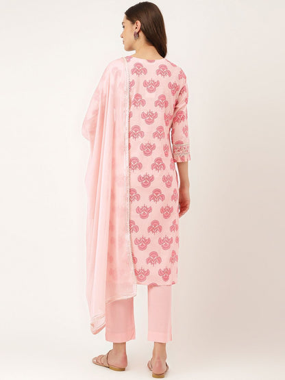 Dhiyona KL Floral Printed Regular Gotta Patti Pure Cotton Kurta With Trousers & Dupatta