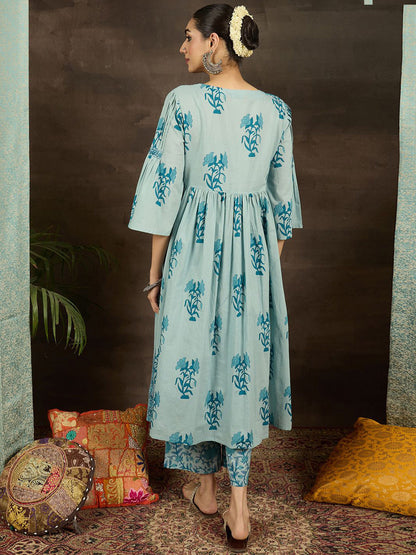 Women Floral Printed Pleated Pure Cotton Kurta Set
