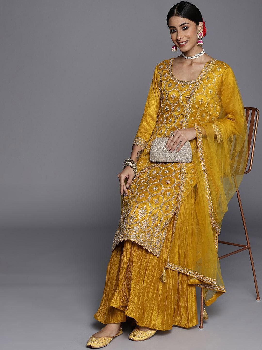 Dhiyona LL Floral Embroidered Sequinned Scoop Neck Straight Kurta With Sharara And Dupatta