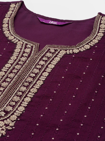 Dhiyona LL Women Purple Floral Embroidered Sequinned Kurta with Palazzos & Dupatta