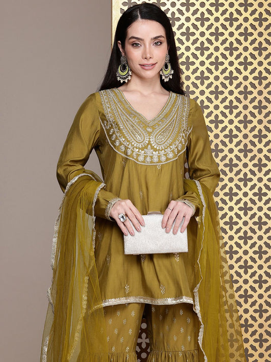 Dhiyona HOP Jashn Yoke Design Sequinned Zari Work Kurti With Sharara & Dupatta