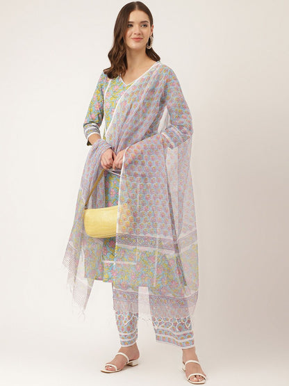 Dhiyona KL Floral Printed Pure Cotton Straight Kurta & Trousers With Dupatta