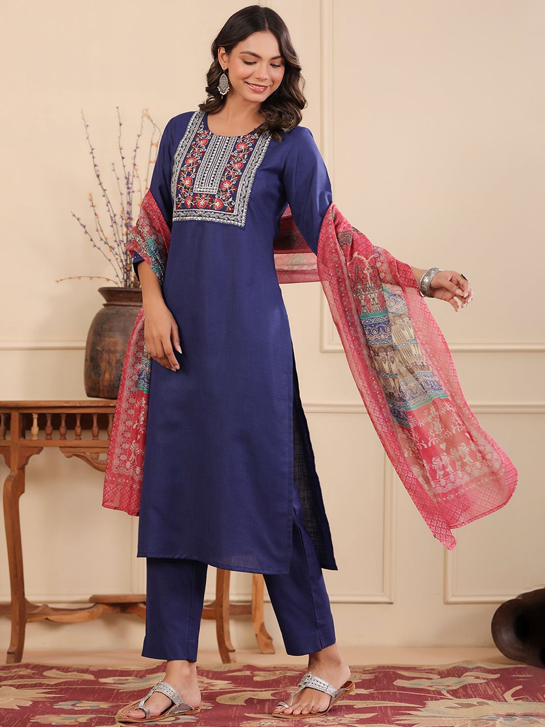 Dhiyona RR Women's Yoke Design Round Neck Thread Work Kurta Set With Dupatta