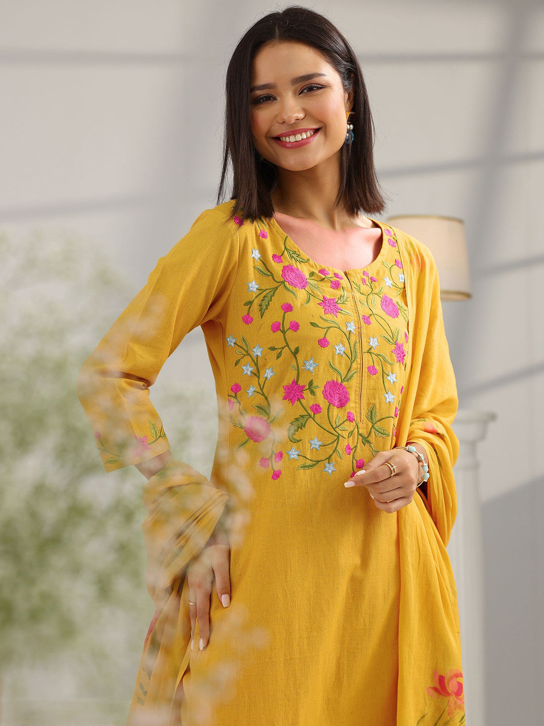 Yoke Design Thread Work Kurta With Trousers And Dupatta