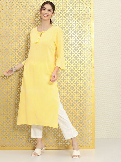 Dhiyona OD  Women Yellow & White Striped Bell Sleeves Rozana Kurta