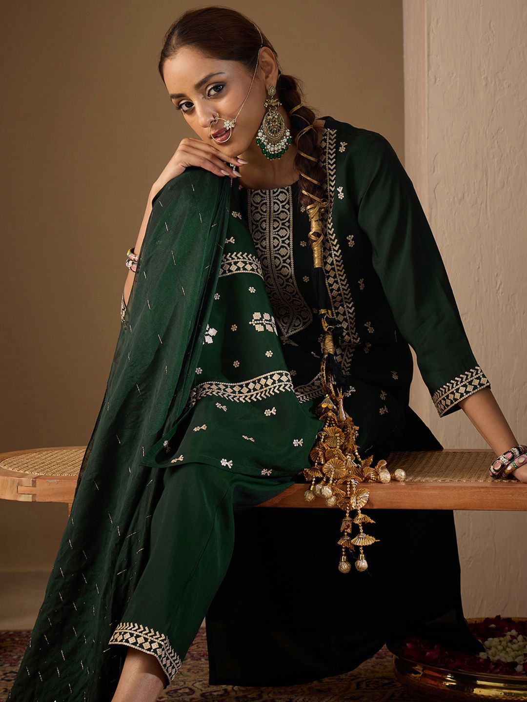 Dhiyona IE Women Ethnic Motifs Embroidered Regular Sequinned Kurta with Trousers & With Dupatta