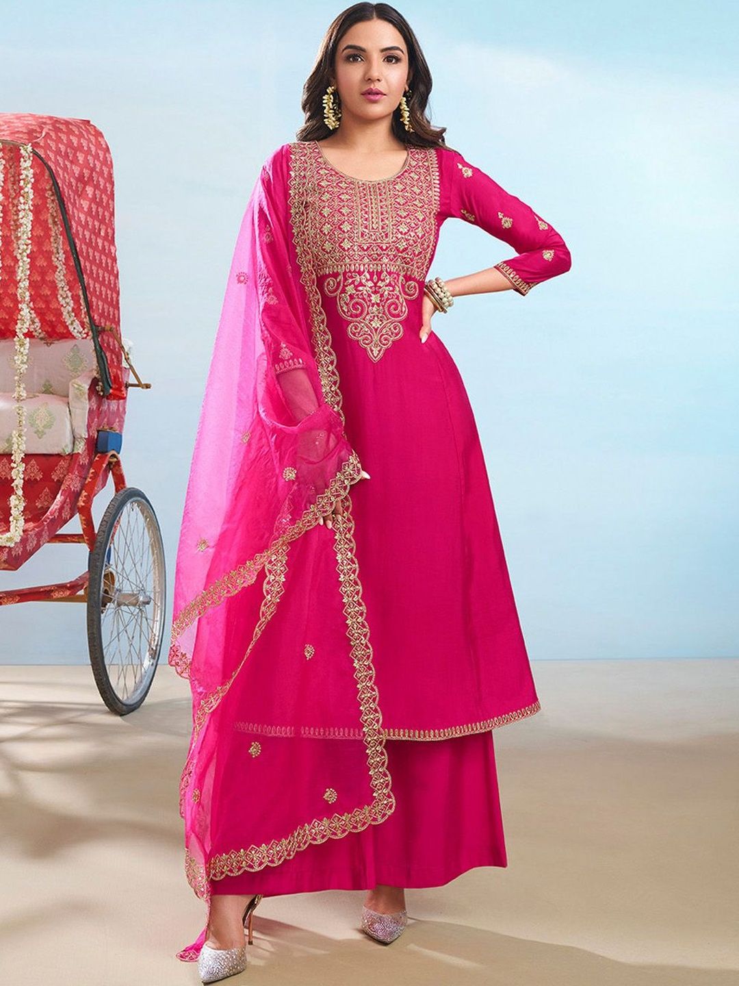 Dhiyona IN Women Ethnic Motifs Embroidered Regular Thread Work Kurta with Palazzos & With Dupatta