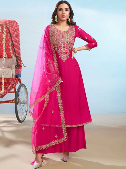 Dhiyona IN Women Ethnic Motifs Embroidered Regular Thread Work Kurta with Palazzos & With Dupatta