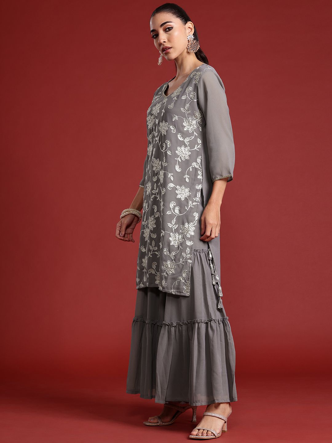 Dhiyona IE Floral Embroidered Sequinned Kurta With Sharara & Dupatta