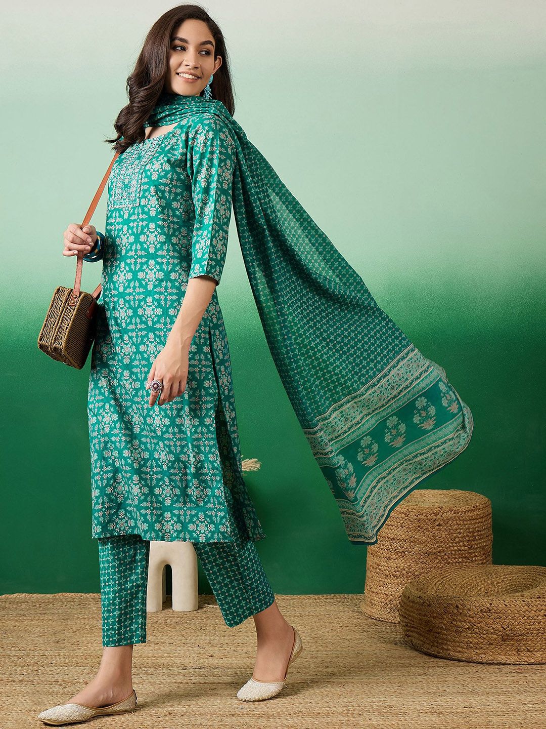 Dhiyona SN Women's Printed Pure Cotton Straight Kurta With Trousers & Dupatta