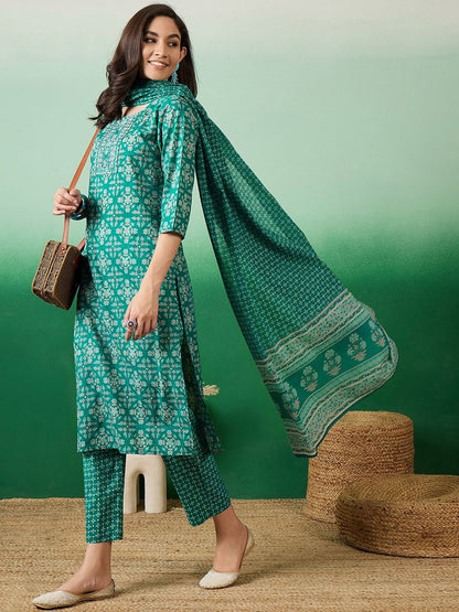 Dhiyona SN Women's Printed Pure Cotton Straight Kurta With Trousers & Dupatta