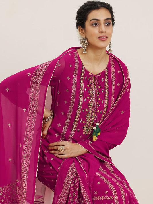 Pink Floral Embroidered Tie Up Neck Georgette Straight Kurta with Palazzo & Dupatta