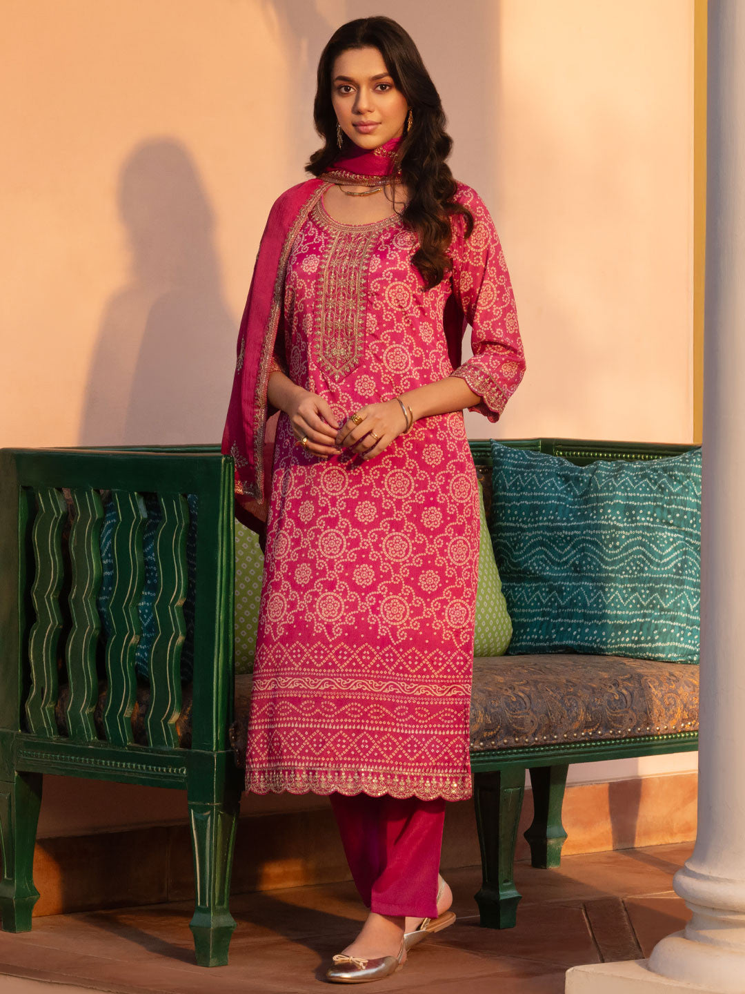 Women Bandhani Printed Regular Sequinned Kurta with Trousers & With Dupatta