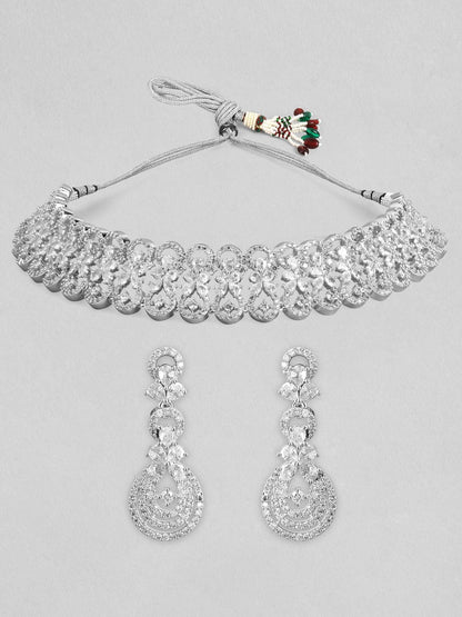 Dhiyona RJ Women's Rhodium-Plated Cubic Zirconia Studded Floral Design Choker Necklace Set