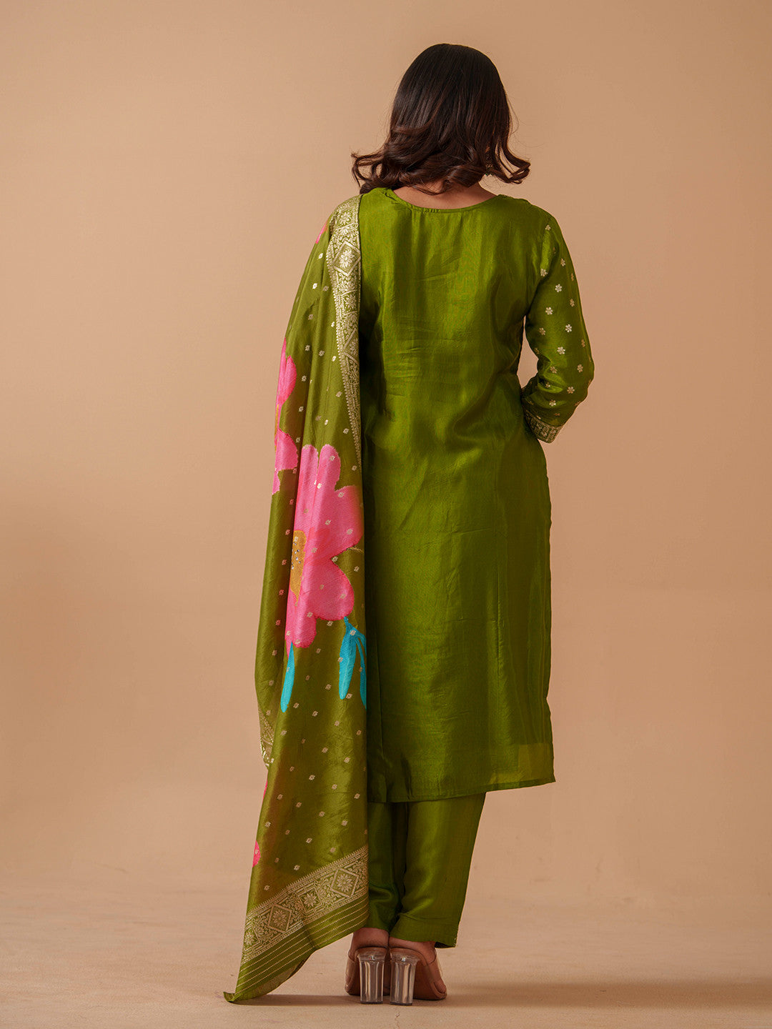 Floral Embroidered Kurta With Trousers & Dupatta