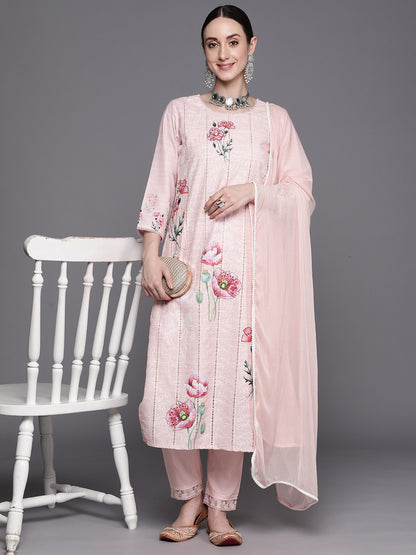 Floral Embroidered Regular Thread Work Pure Cotton Kurta With Trousers & Dupatta