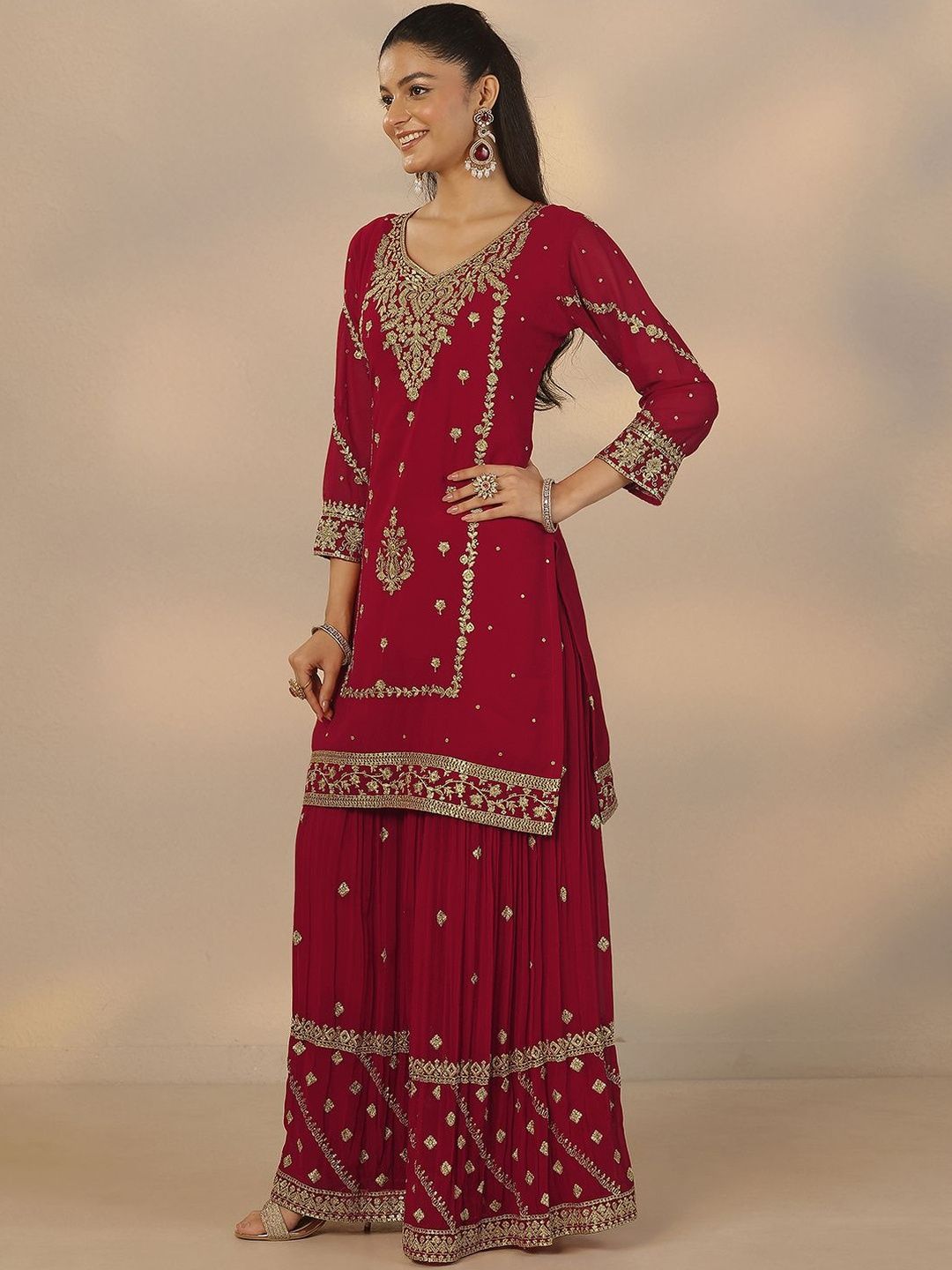 Dhiyona LL Women Ethnic Motifs Embroidered Regular Kurta with Sharara & With Dupatta