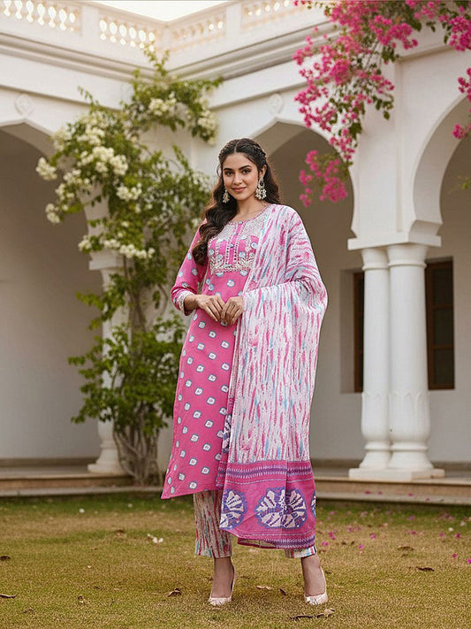 Dhiyona KL Geometric Printed Thread Work Pure Cotton Straight Kurta with Trousers & Dupatta