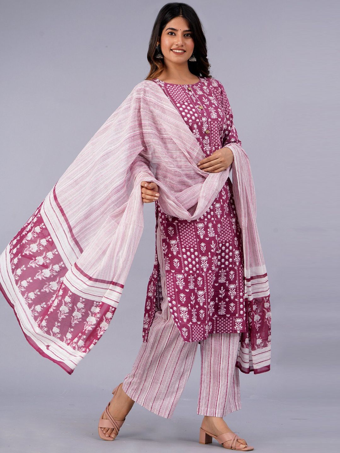 Dhiyona KL Ethnic Motifs Printed Pure Cotton Kurta With Palazzo & With Dupatta