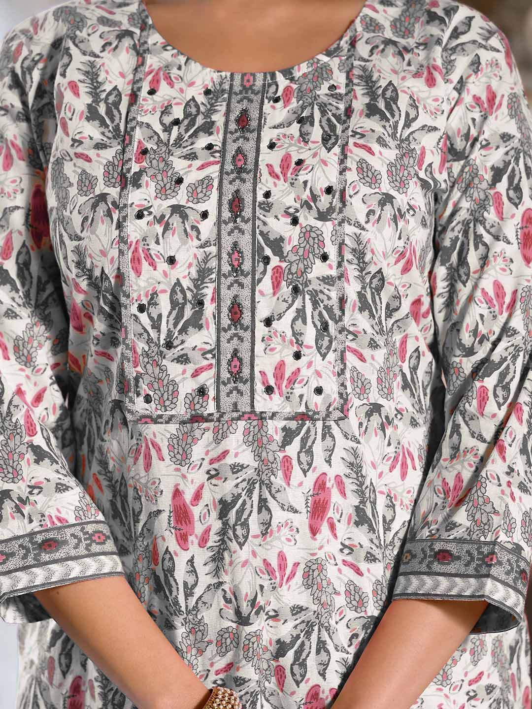 Dhiyona KL Floral Printed Regular Mirror Work Pure Cotton Kurta with Trousers & With Dupatta