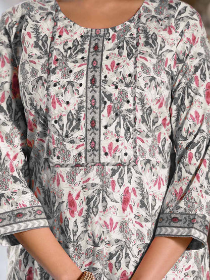 Dhiyona KL Floral Printed Regular Mirror Work Pure Cotton Kurta with Trousers & With Dupatta