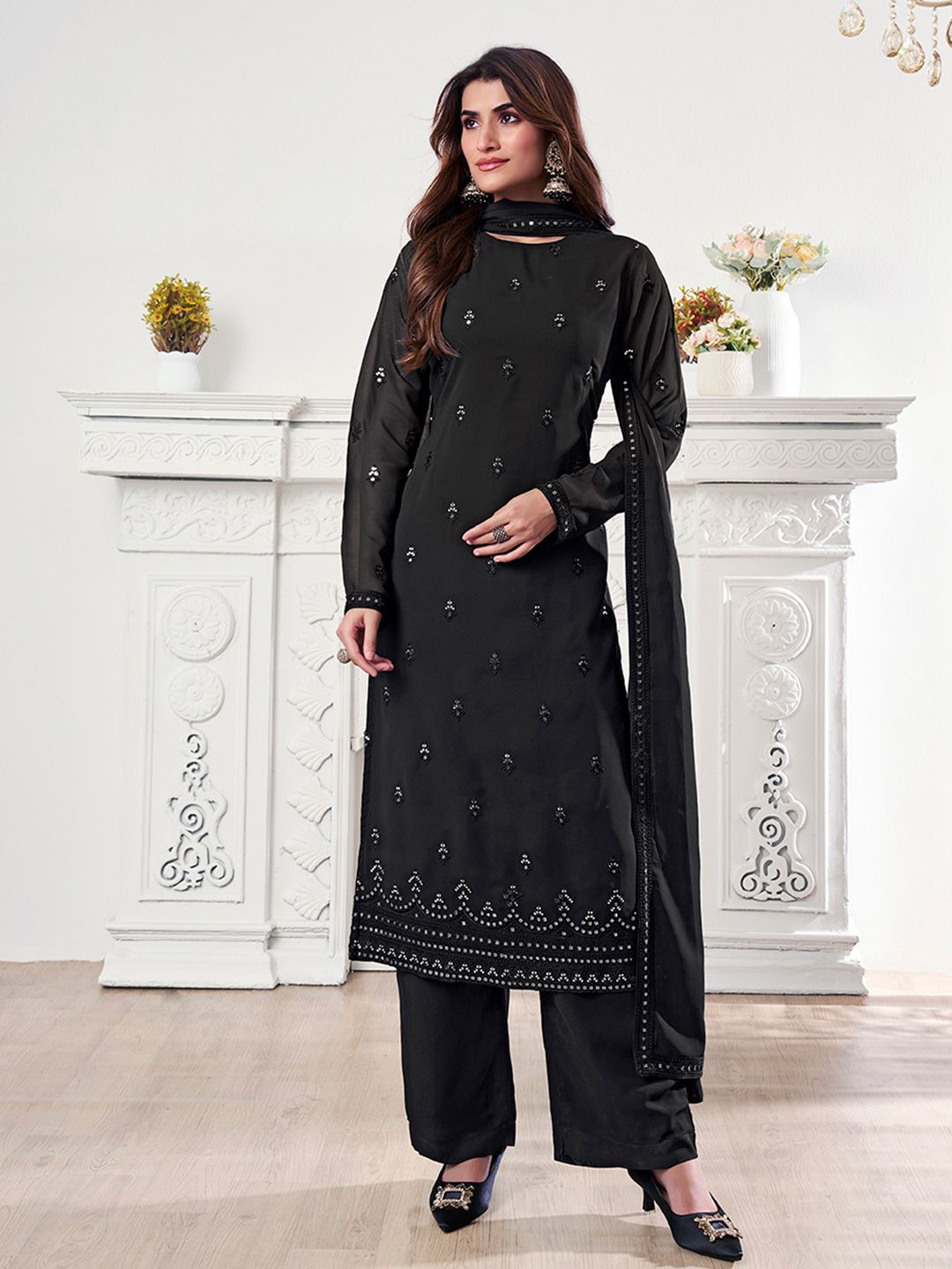 Dhiyona IN Women Ethnic Motifs Regular Sequinned Kurta with Palazzos & With Dupatta
