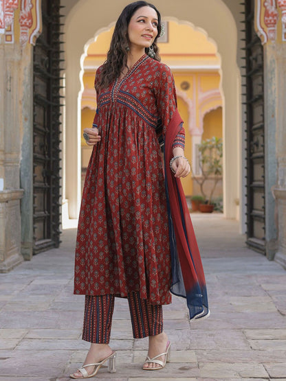 Dhiyona RR Women's Printed Empire Sequinned Pure Cotton Kurta with Trousers & Dupatta