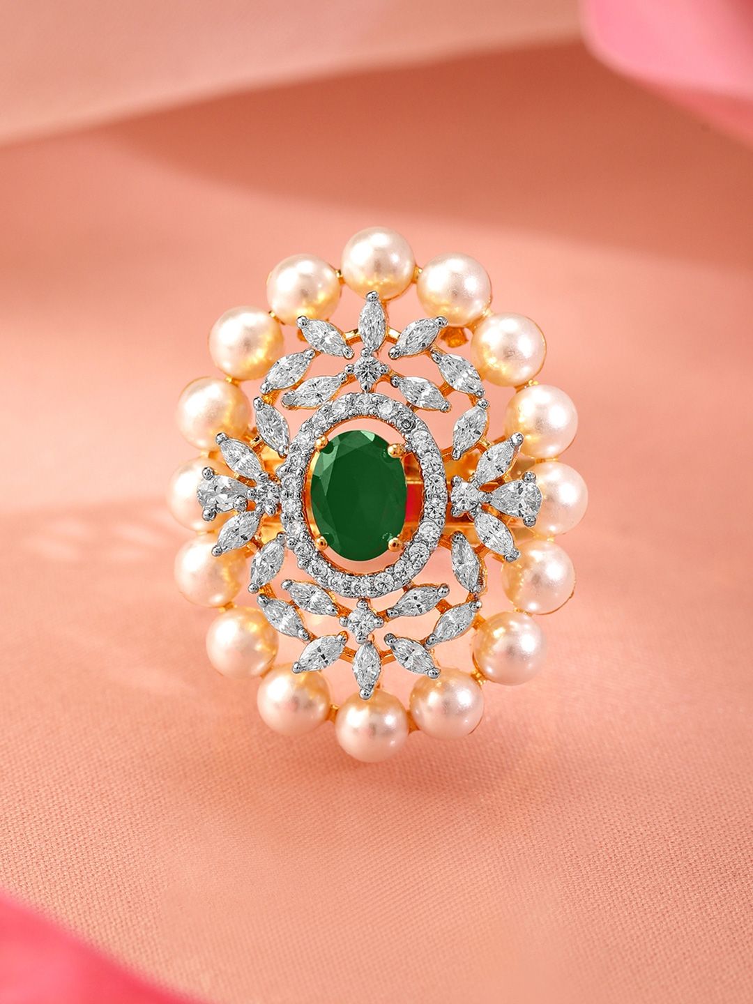 Dhiyona RJ Women's 22K Gold Plated Emerald Green Cubic Zirconia & Pearl Beaded Adjustable Finger Ring