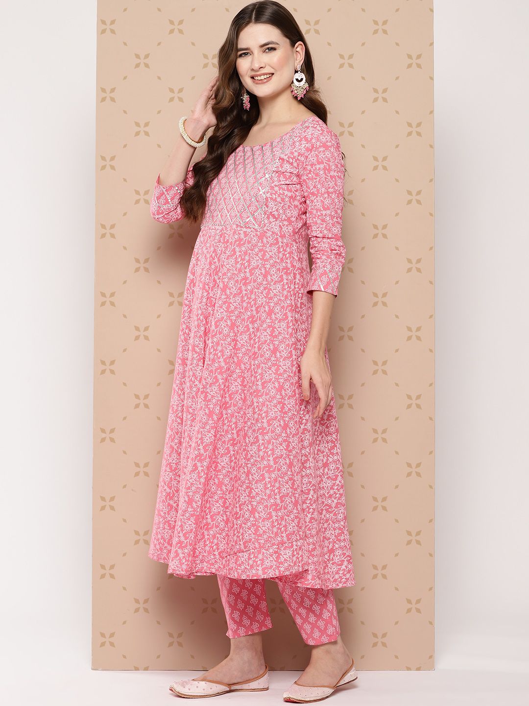 Dhiyona KL Pure Cotton Ethnic Motifs Printed Anarkali Kurta With Trousers & With Dupatta