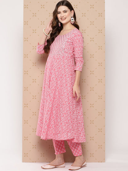 Dhiyona KL Pure Cotton Ethnic Motifs Printed Anarkali Kurta With Trousers & With Dupatta