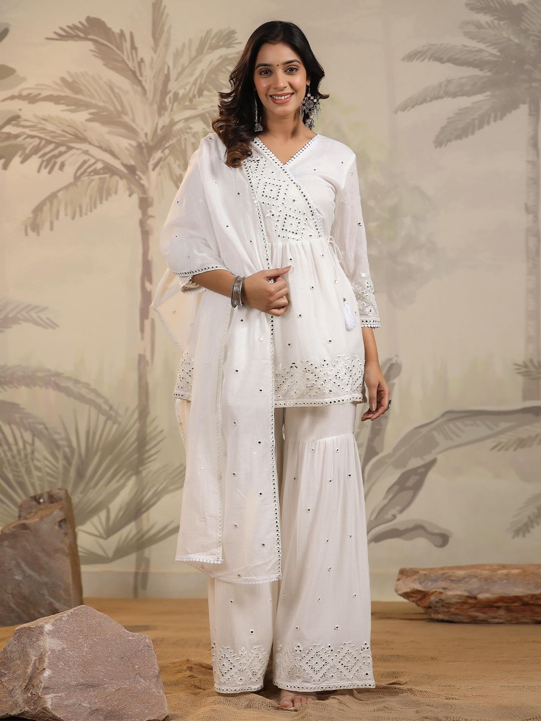 Dhiyona SC Women Mulmul Mirror Embroidered Pure Cotton Peplum Kurta- Sharara & Dupatta Set