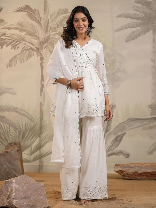 Dhiyona SC Women Mulmul Mirror Embroidered Pure Cotton Peplum Kurta- Sharara & Dupatta Set