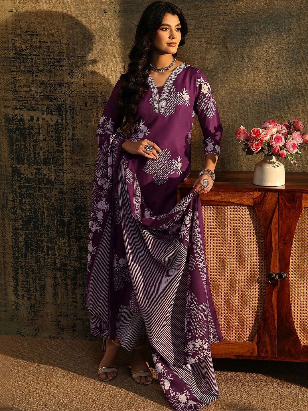 Burgundy Bandhani Cotton Blend Straight Suit Set