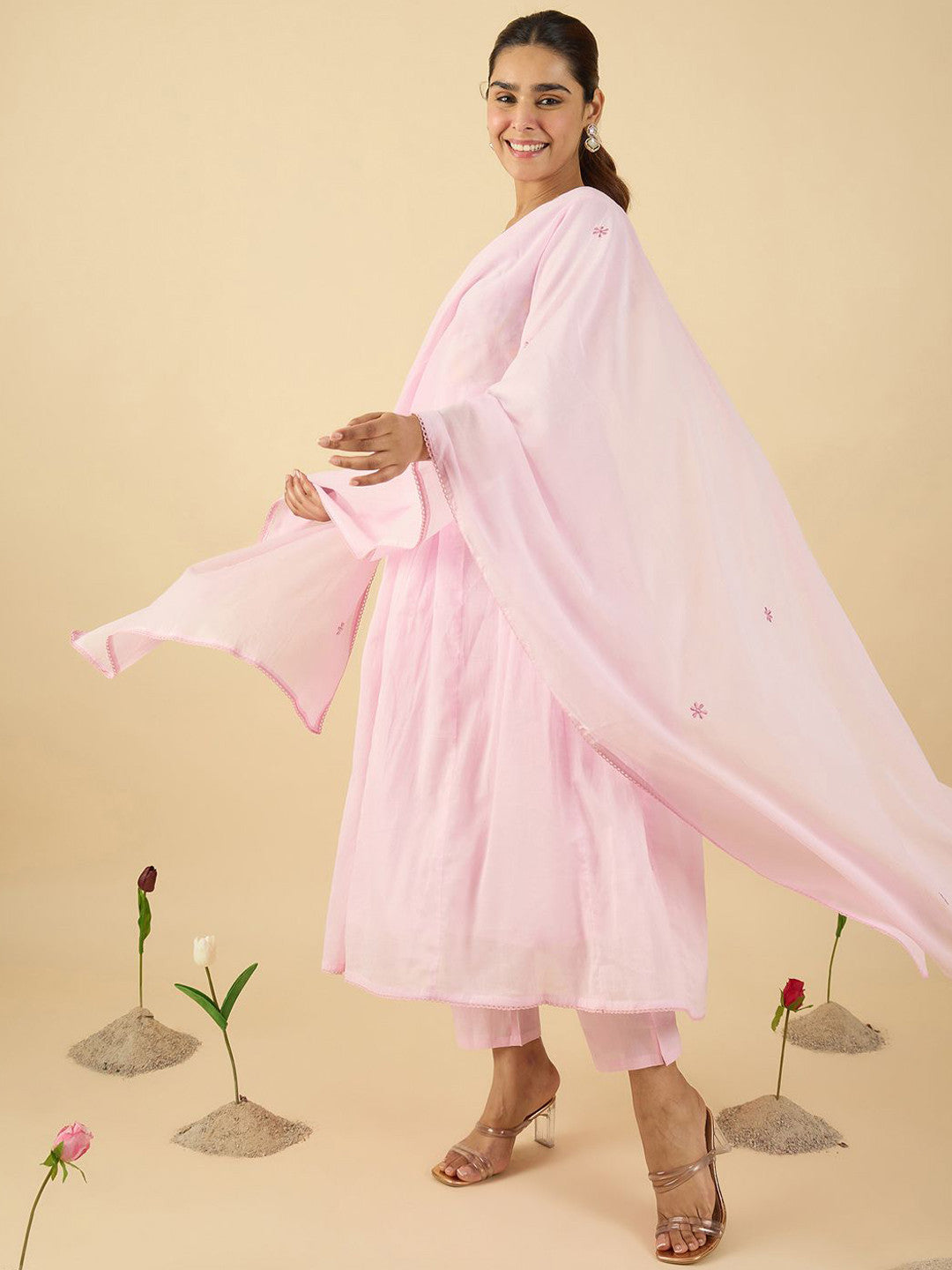 Floral Embroidered V Neck A Line Pure Cotton Kurta With Trousers & Dupatta