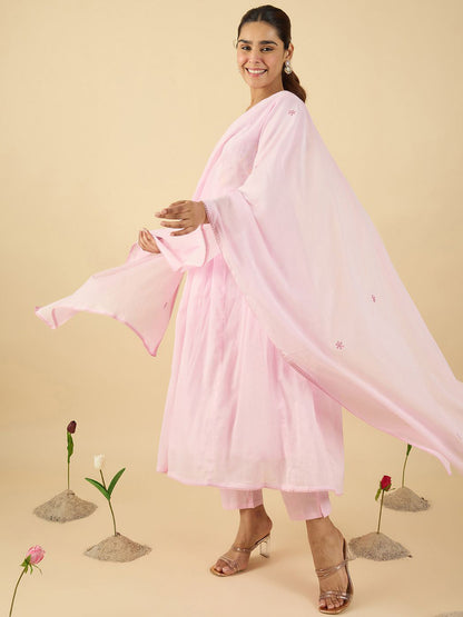 Floral Embroidered V Neck A Line Pure Cotton Kurta With Trousers & Dupatta
