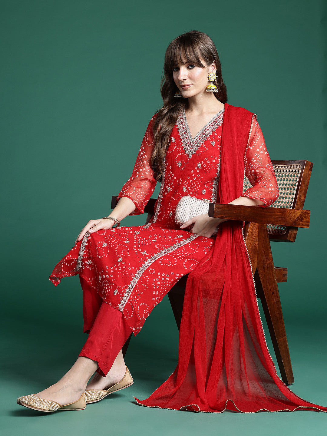 Bandhani Printed Zari Panelled Kurta With Trousers & Dupatta