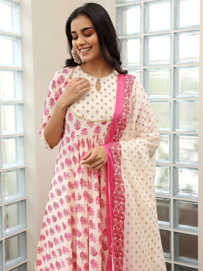 Women's LB Pink Printed Cotton Anarkali Suit With Dupatta